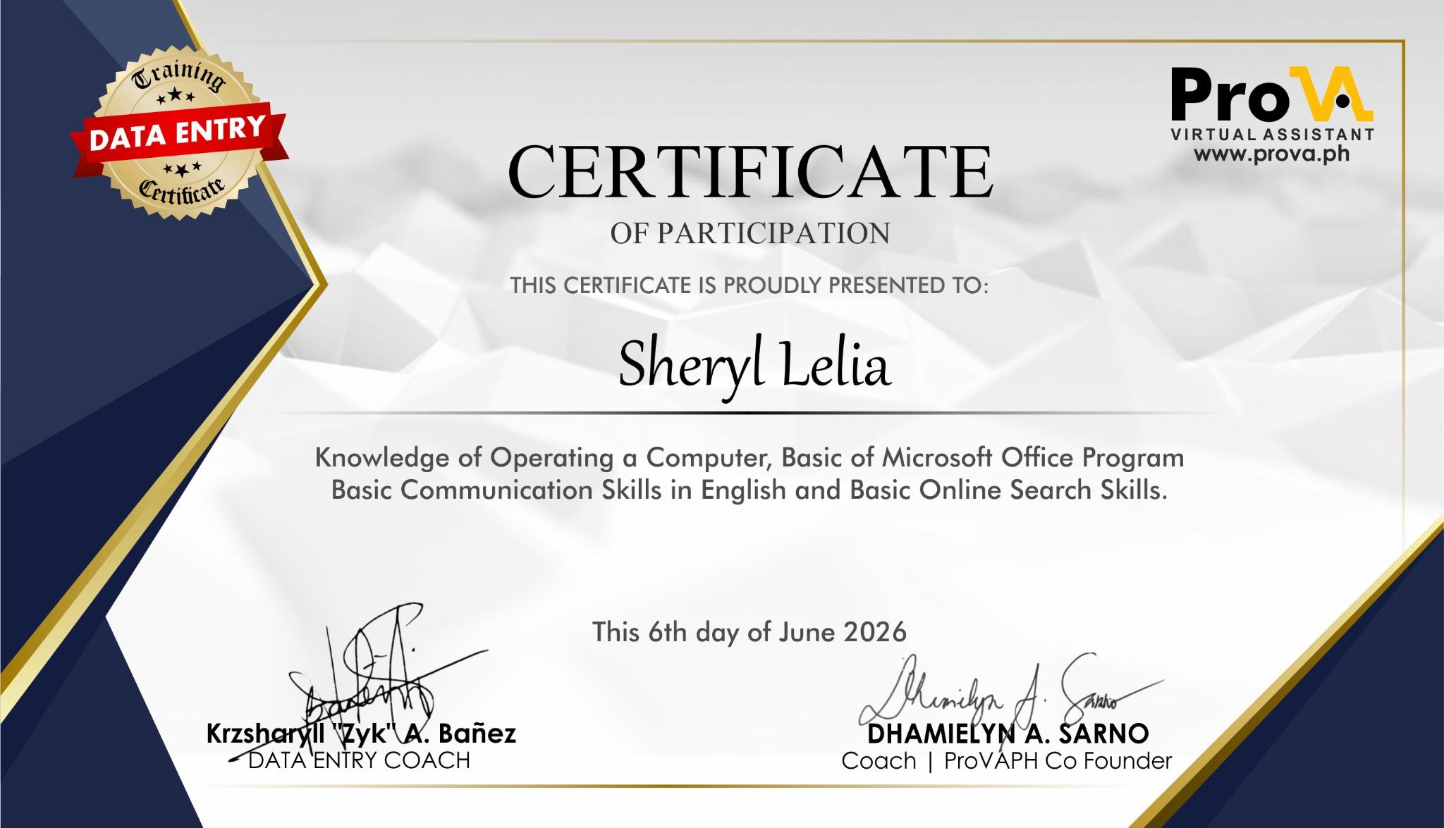 Data Entry training certificate